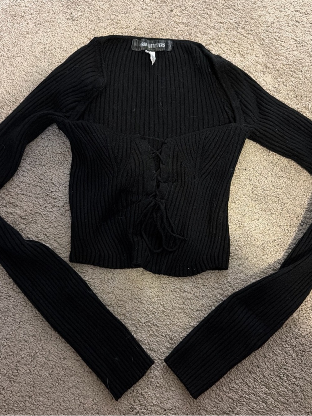 Urban Outfitters Black Ribbed Knit Top with Lace-Up Detail